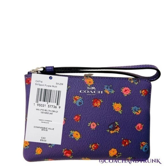 AUTHENTIC COACH Corner Zip Wristlet With Mini Vintage Rose Print Sport Purple - Picture 11 of 11